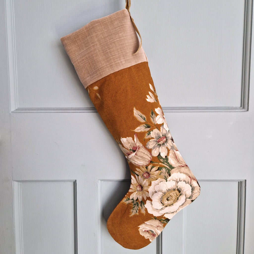 Vintage Floral Fabric Christmas Stocking - Tobacco/Mustard Vintage Sanderson