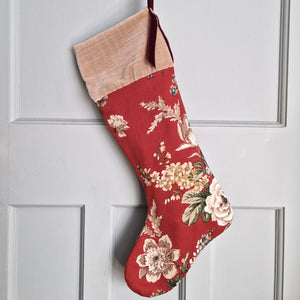 Vintage Floral Fabric Christmas Stocking - Deep Red Sanderson Sateen