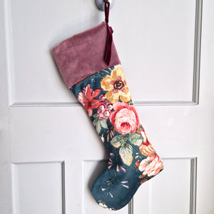 Vintage Floral Fabric Christmas Stocking - Teal Sanderson Sateen