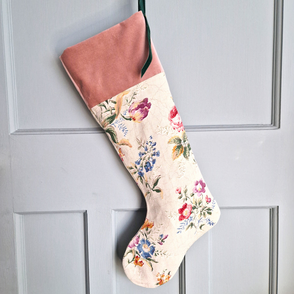 Vintage Floral Fabric Christmas Stocking - Very Pale Green Garden Florals