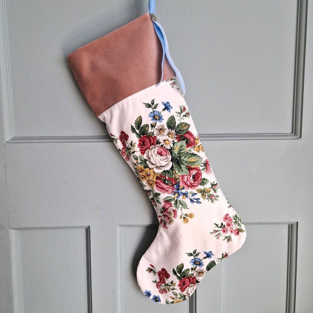 Vintage Floral Fabric Christmas Stocking - White Floral Sanderson