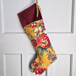 Vintage Floral Fabric Christmas Stocking - Mustard and Red florals