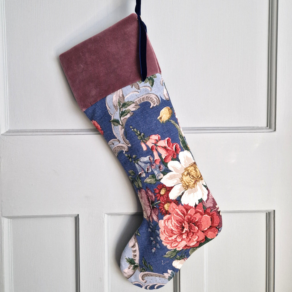 Vintage Floral Fabric Christmas Stocking - Blue Sanderson