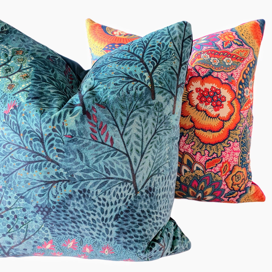 Liberty London Cushion In Blue Velvet Nesfield 'Ray' Design