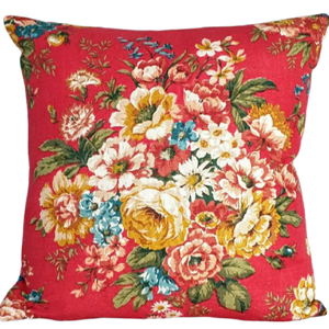 Vintage Floral Fabric Cushion Cover In Red Linen Flower Design